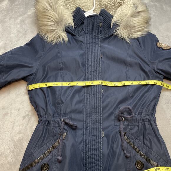 Abercrombie & Fitch Parka Jacket Womens M Navy Sherpa Lined Faux Fur Hood - Picture 13 of 16
